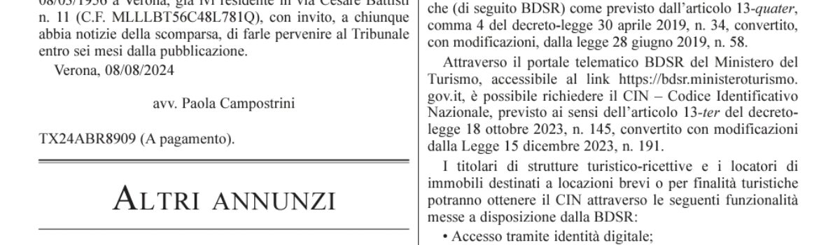 PUBBLICATO OGGI IN GAZZETTA UFFICIALE L’AVVISO DELLA BANCA DATI